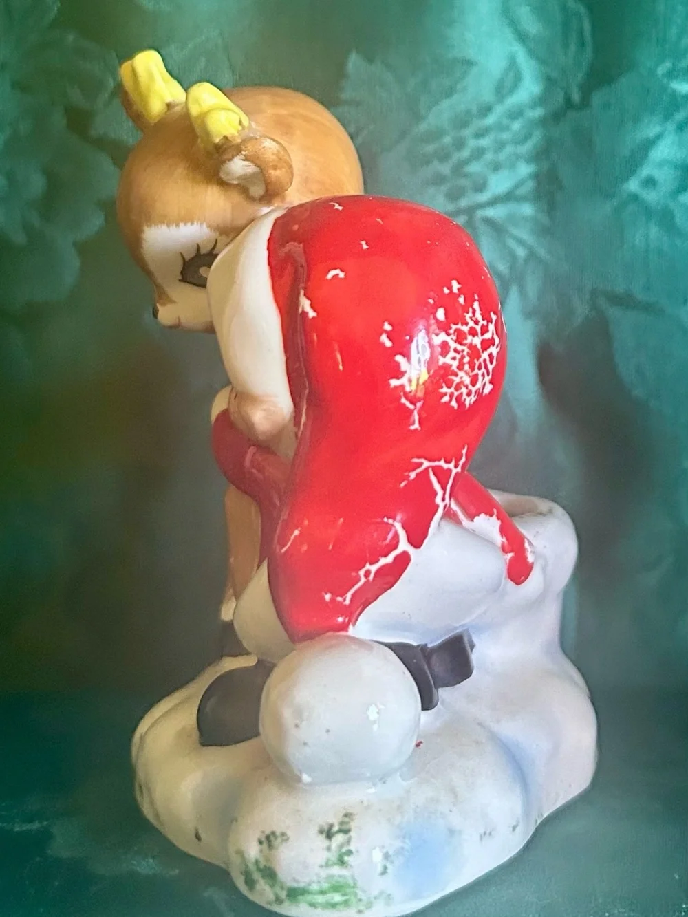 Lefton Red White and Brown Elf Hugging Reindeer Figurine